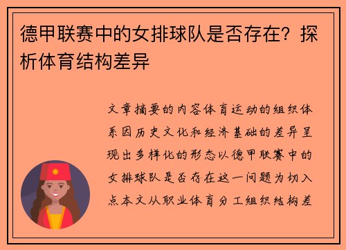 德甲联赛中的女排球队是否存在？探析体育结构差异